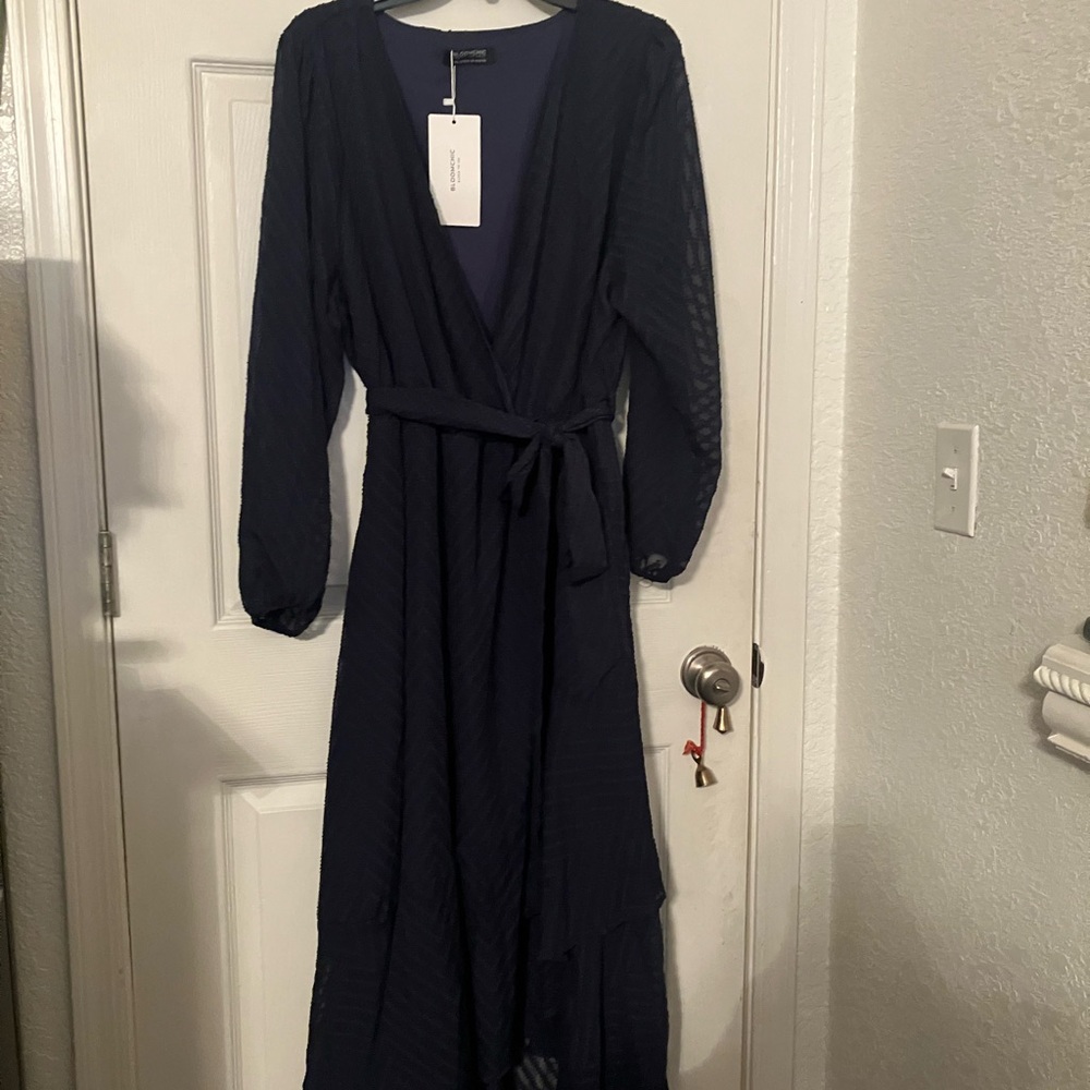 Elegant Sheer Sleeve Faux Wrap Navy Lightweight Dress